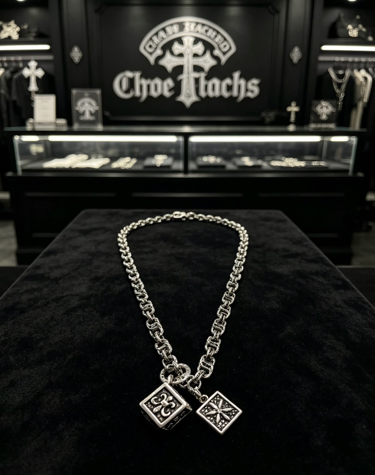 Chrome Hearts Silver Chain with Dice and Square Charms